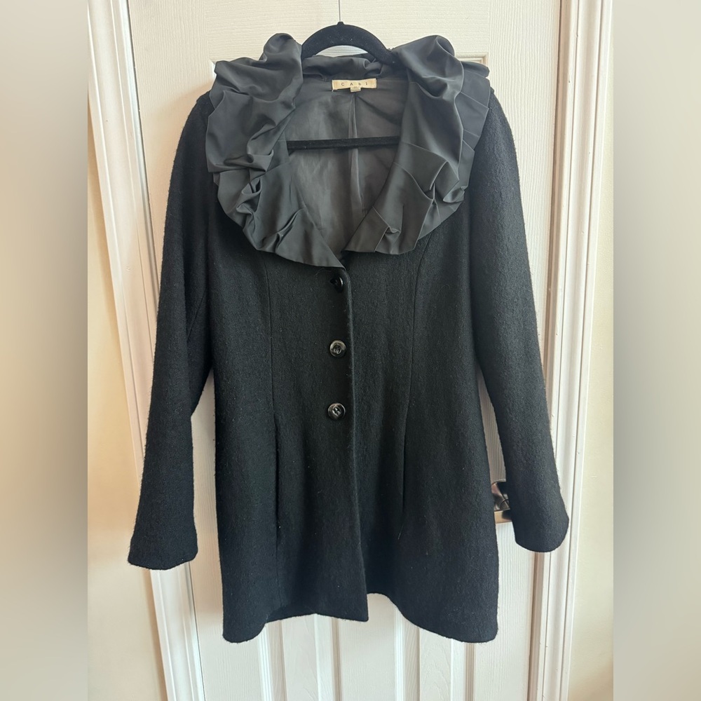 CABI Editor in Chief Black Wool Jacket w/ Ruffle Statement Collar Size Medium